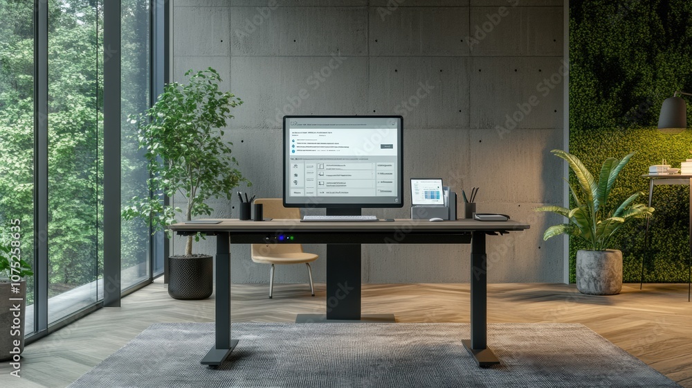 Poster the workspace features a stylish adjustable height desk, computer, and plants, creating an inviting 