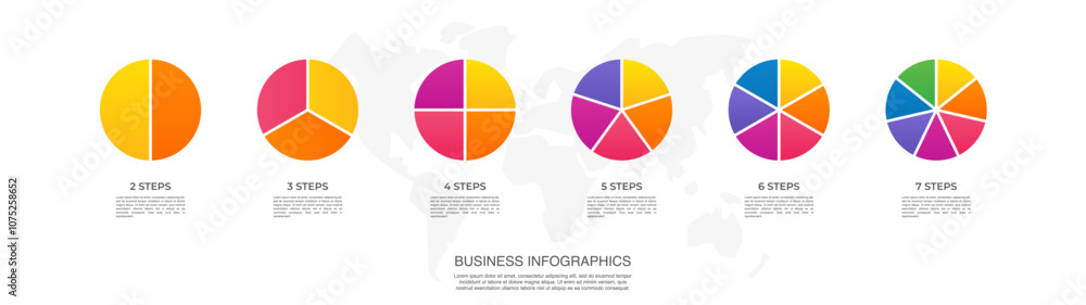 Poster circle division vector infographics icon set from 2 to 7. different color circles chart divided 2, 3