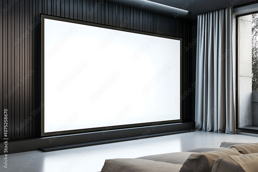 Poster minimalist presentation room with large digital screen and grey curtains. 3d rendering