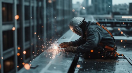 A worker in protective gear skillfully welds on a rooftop, causing sparks to illuminate the cityscape at twilight.