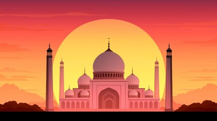 A majestic mosque stands tall against a vibrant sunset, symbolizing faith and spirituality.