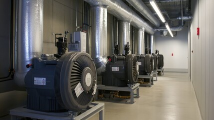 Row of water pumps in a building's AC system, metallic pipes extending to rooftop units.