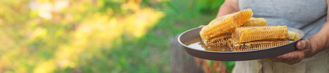An elderly woman holds honey in her garden. Selective focus.