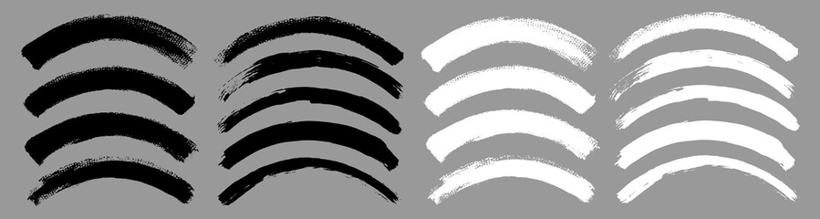Brush stroke vector. Painted curves, arc lines, isolated. Grunge curvy backgrounds. Textured design elements. Black and white brush options