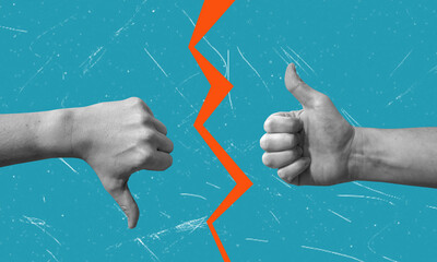 Modern art collage of hands showing thumbs up and thumbs down.