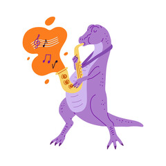 Vector illustration depicting an enthusiastic musician Tyrannosaurus rex, who plays the saxophone