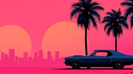 A blue classic car parked in front of palm trees at sunset.