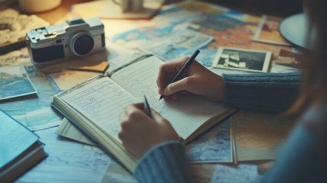 A focused individual writes in a journal amidst maps and photographs, capturing a moment of reflection and creativity.
