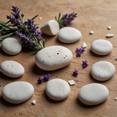 Beauty mockup scene with copy space made with white stones and lavender flower.