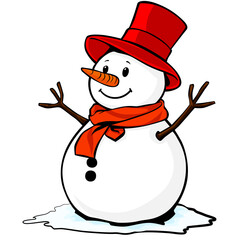 Vintage Snowball smiling Snowman. Snowman with carrot nose, scarf and hat on the white background illustration graphic design