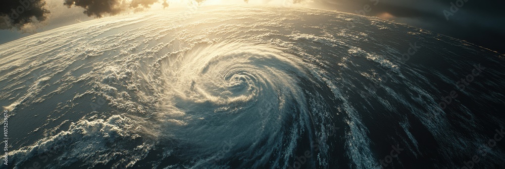 Poster A large hurricane develops in the open ocean, showcasing swirling winds and thick clouds against a colorful sunset backdrop. Generative AI