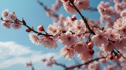 Beautiful and cute pink Kawazu Zakura (cherry blossom) against blue sky, wallpaper background.