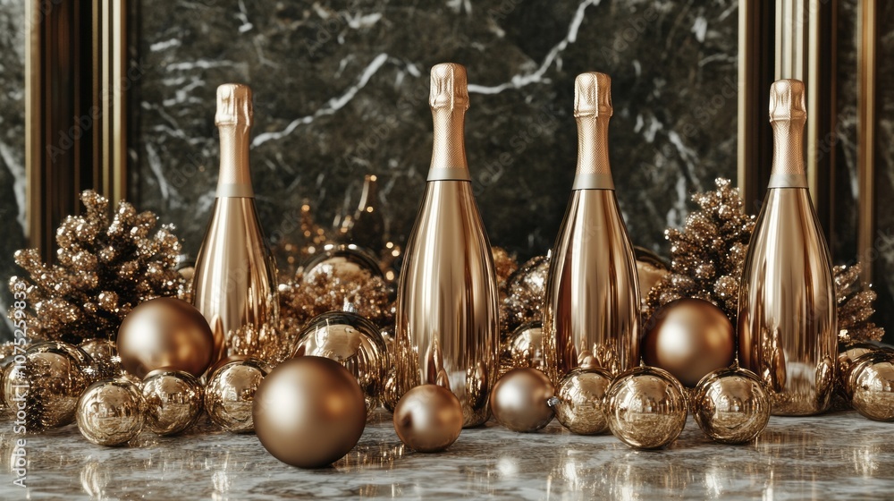 Poster a group of champagne bottles and gold ornaments are displayed on a table