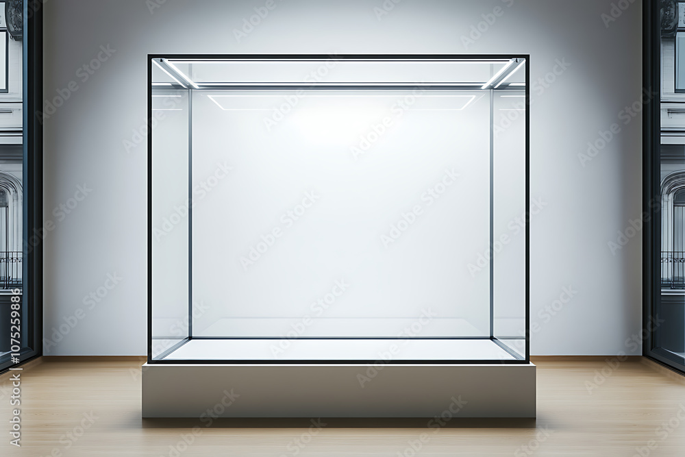 Poster empty illuminated glass showcase with mock up place on white wall background. 3d rendering.