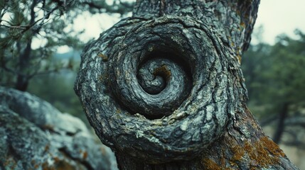 Fototapeta premium A mysterious spiral formation on an ancient tree trunk evokes nature's artful beauty and timeless wonder amidst a serene forest backdrop.