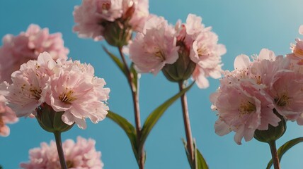 Pink spring flowers on a blue sky background. Beautiful pastel pink flower arrangement.