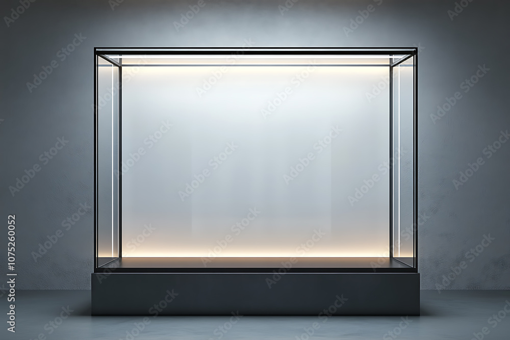 Poster empty illuminated glass showcase with mock up place on white wall background. 3d rendering.