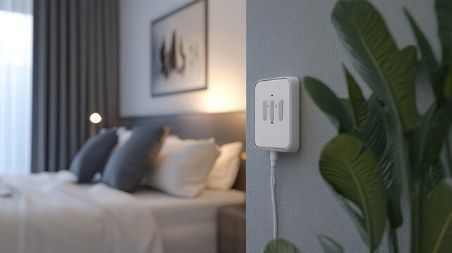 Side view of a white wall plug with a charger connected, in a modern bedroom.