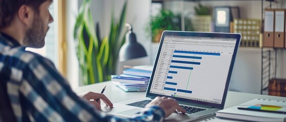 Project Manager Analyzing Gantt Chart on Laptop for Effective Project Planning