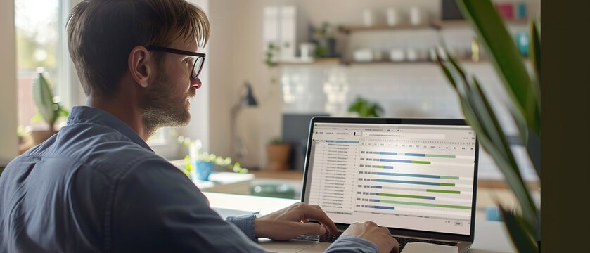 Project Manager Reviewing Gantt Chart on Laptop for Effective Project Management
