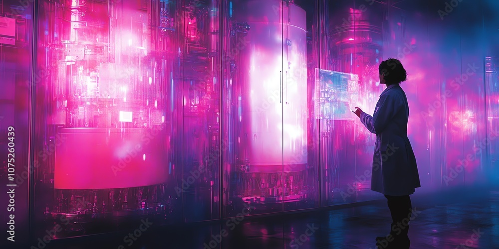 Aufkleber a scientist in a white lab coat stands in a futuristic laboratory with glowing pink and blue light, 