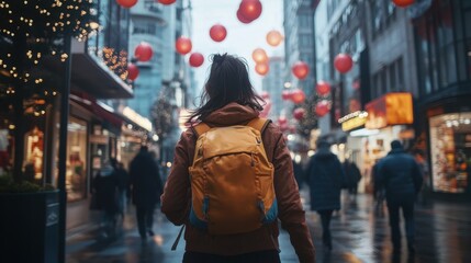 A young woman with a backpack walking through a bustling downtown street, passing shops, cafes, and office buildings, representing modern city life.