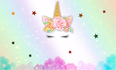 A cute unicorn design featuring a glittery gold horn, floral crown, and closed eyes on a soft pastel gradient background. Scattered stars add a playful, enchanting atmosphere to the composition.