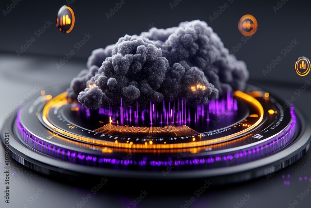 Poster a 3d-rendered illustration of a digital cloud, with data points orbiting around it and floating icon