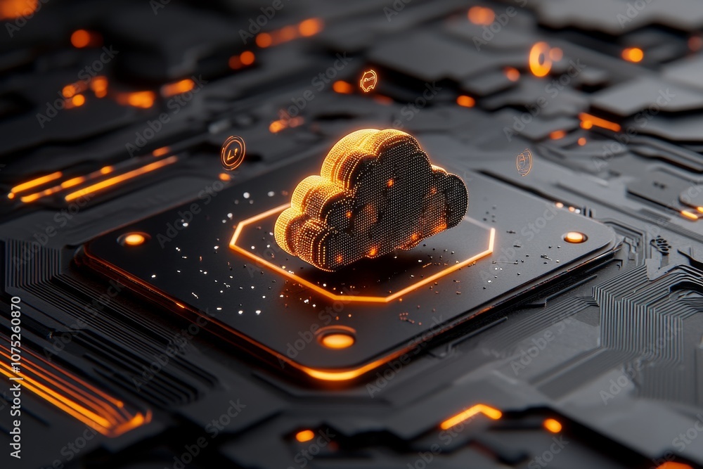 Poster a 3d-rendered illustration of a digital cloud, with data points orbiting around it and floating icon