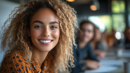 Obraz premium A female entrepreneur working in the bright office of an open-concept startup 