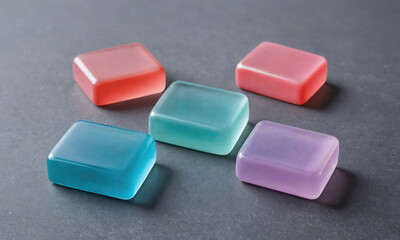 Five colorful, translucent blocks lay flat on a grey surface