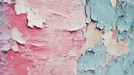 Obraz premium Close-up of weathered paint peeling on a wall reveals layers of soft pink, blue, and beige, showcasing the passage of time and natural texture.