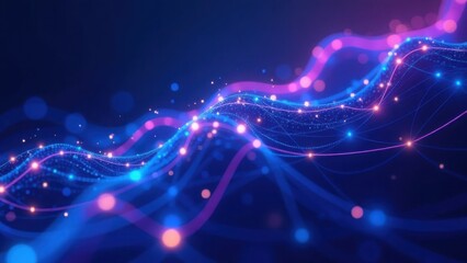 Fototapeta premium Abstract flowing wave of blue and purple light particles on a dark background with copy space. Futuristic digital landscape concept for technology and innovation design