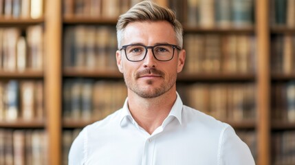 Fototapeta premium Portrait of caucasian blonde hair man wearing glasses stands in front of a bookcase. He is wearing a white shirt and has a beard