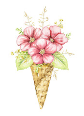 Bouquet with red flowers and foliage in waffle cone isolated on white background. Watercolor hand drawn illustration