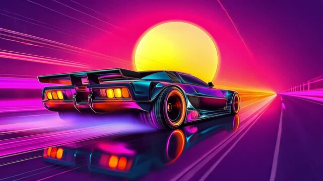 A futuristic car speeds through a neon landscape at sunset, showcasing a vibrant retro aesthetic and dynamic motion. Futuristic car with 80s aesthetics