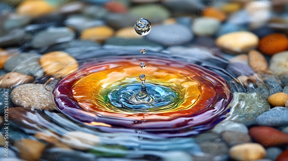 Poster a single water drop creates a vibrant rainbow ripple effect on a calm surface, surrounded by smooth 