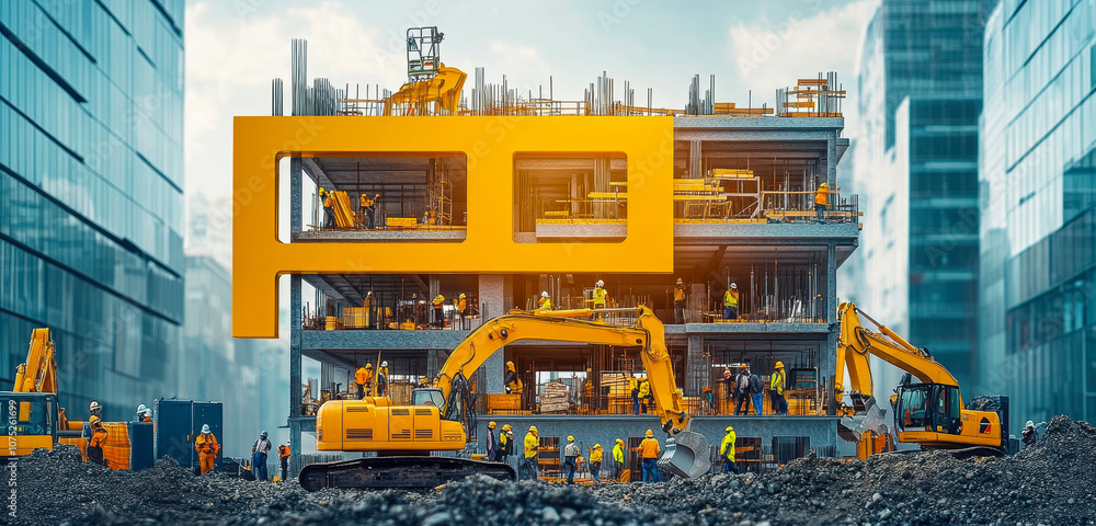 Poster construction site with building in progress for career and business infrastructure development
