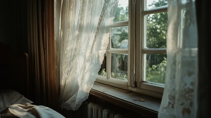Soft morning light filters through lace curtains, casting gentle shadows in a serene room, inviting a peaceful start to the day.