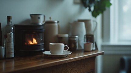 Obraz premium A steaming cup of coffee rests gently on a wooden countertop, surrounded by cozy kitchen elements, exuding warmth and tranquil simplicity in a homey setting.