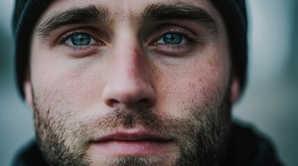 Obraz premium Close-up of a man with a beanie, blue eyes strikingly vivid against a pensive, thoughtful expression.