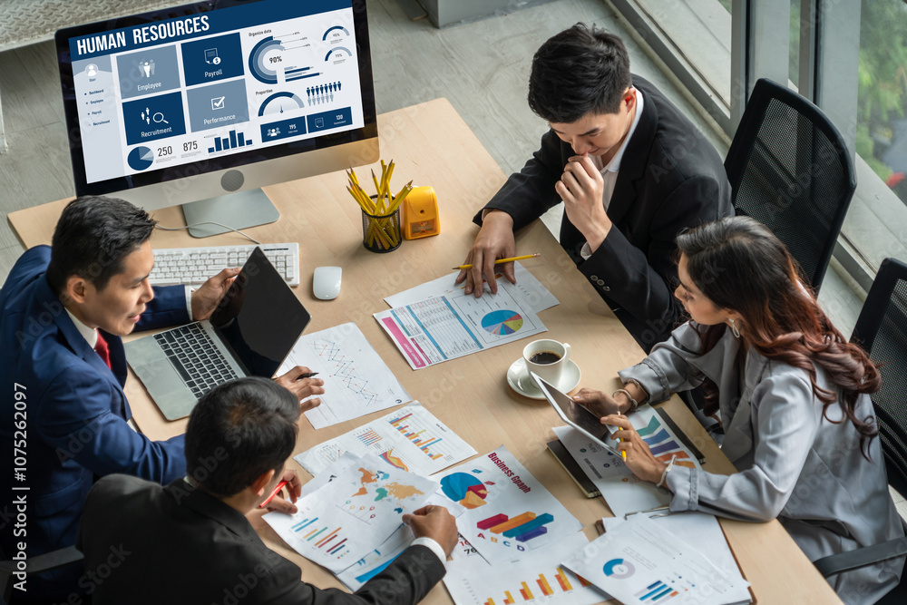 Poster human resources management software on computer screen helping human resources employee to manage re