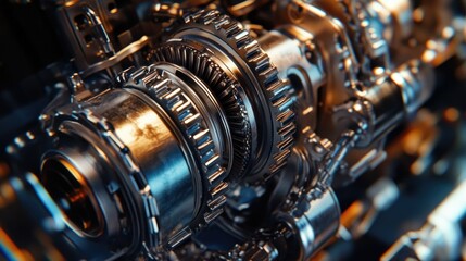 Fototapeta premium Steel engine gears in motion, close-up showing sharp edges and the mechanical complexity.