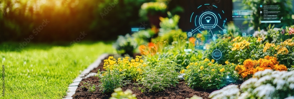 Poster this lush garden showcases advanced technology with automated sprinklers and soil sensors, promoting