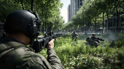 Fototapeta premium Armed forces lie in wait within urban greenery, poised for action amidst skyscrapers, highlighting tension between nature and city life.