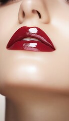 Fototapeta premium Closeup of Plump, Glossy Red Lips on a Woman. Perfect Makeup, Smooth Skin, and Beauty Concept.