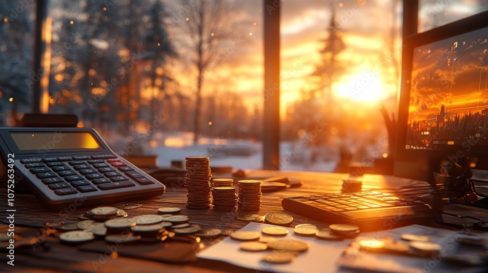 Poster a desk with a calculator, coins, and a computer screen with a sunset view.
