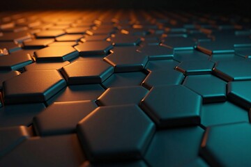 Obraz premium Abstract 3D Hexagonal Grid with Vibrant Blue and Orange Lighting for Technology Themes