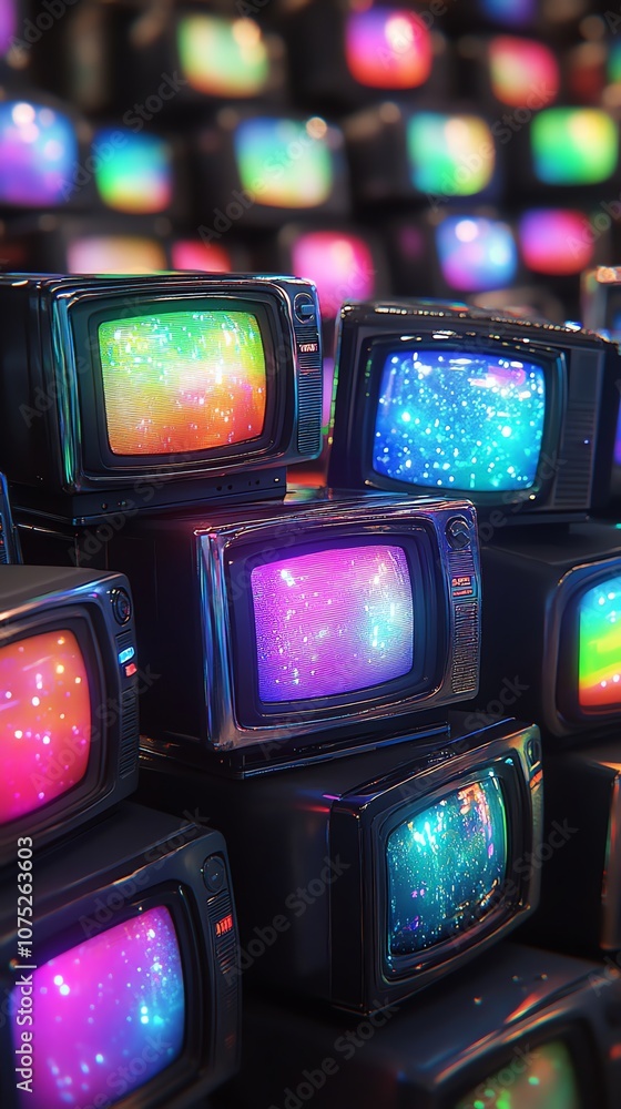 Poster a stack of vintage televisions with colorful screens displaying static.
