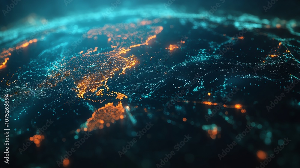 Poster a stylized digital rendering of earth with glowing continents and connections.